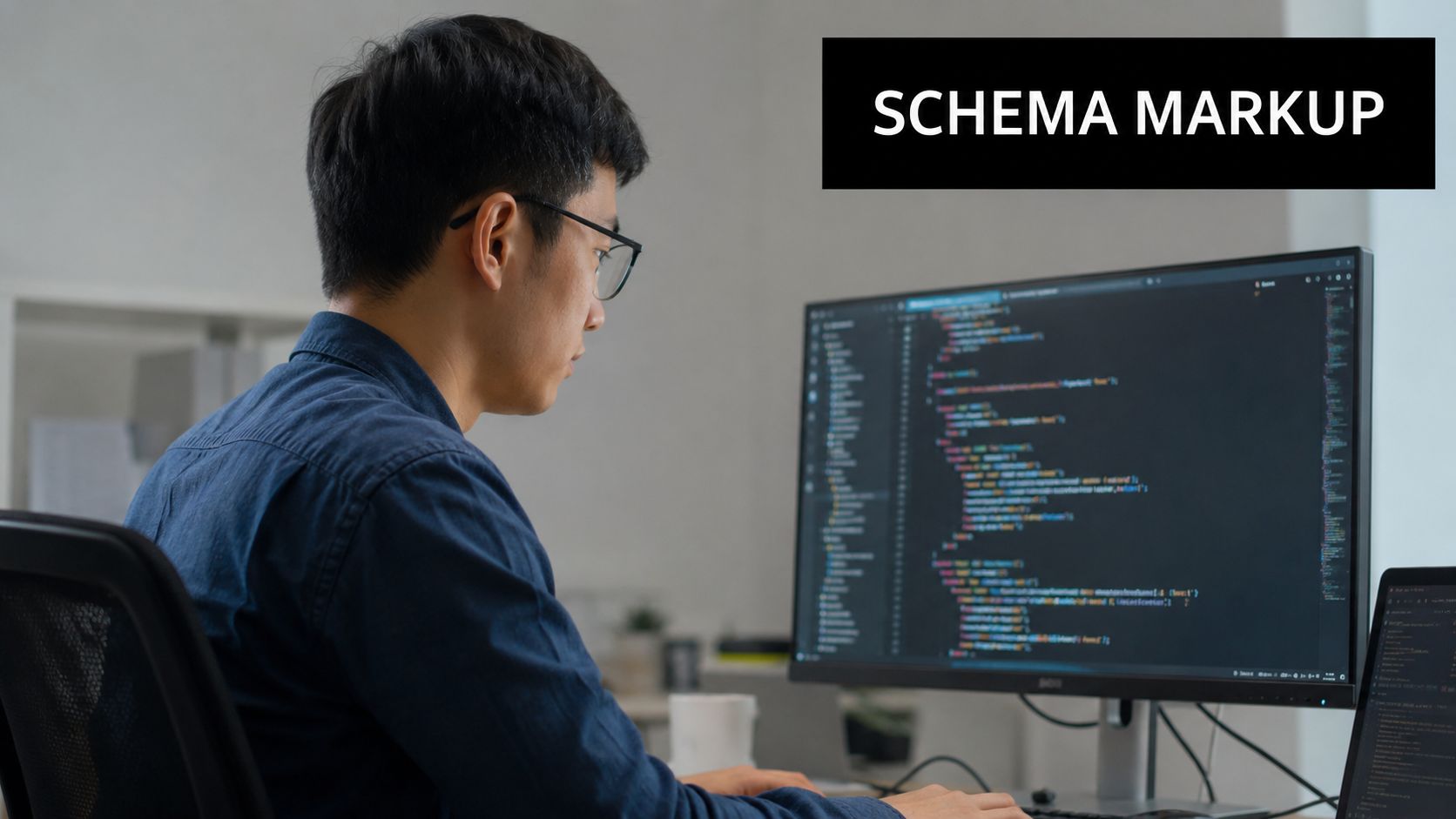 A professional software developer working on schema markup code on a large computer monitor in an office.