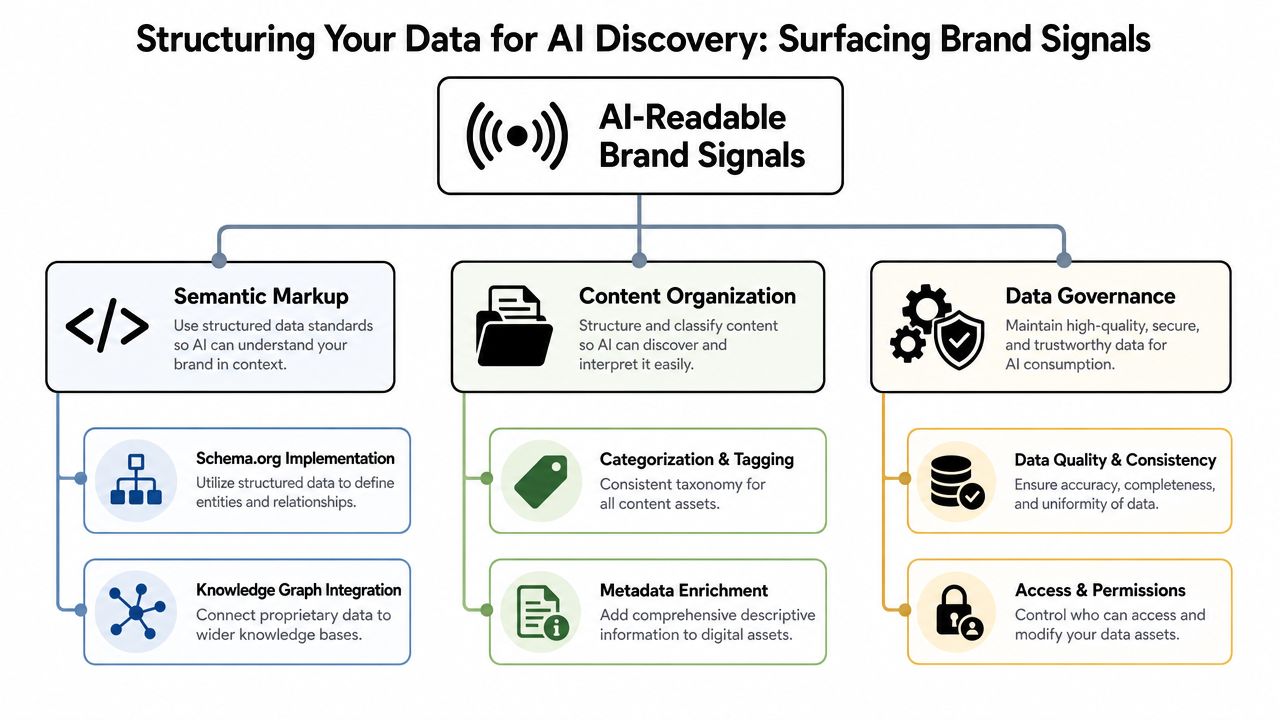 A diagram illustrating strategies to structure data for AI discovery, including semantic markup, content organization, and governance.