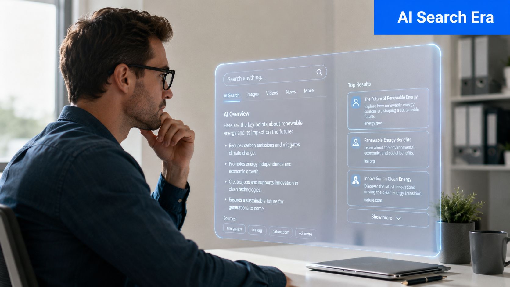 A man in glasses looking at a glowing, futuristic AI search interface displaying renewable energy information.