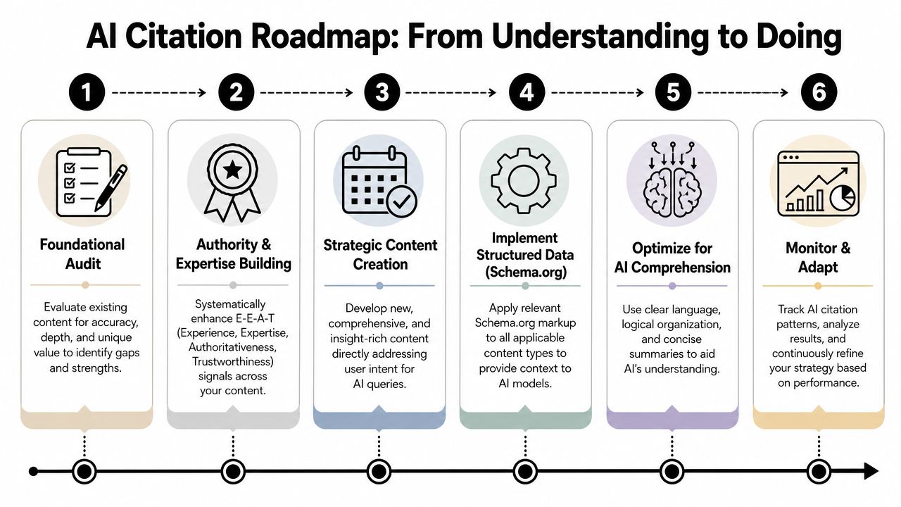 A six-step roadmap infographic for improving AI citations, covering content auditing, authority building, and structured data implementation.
