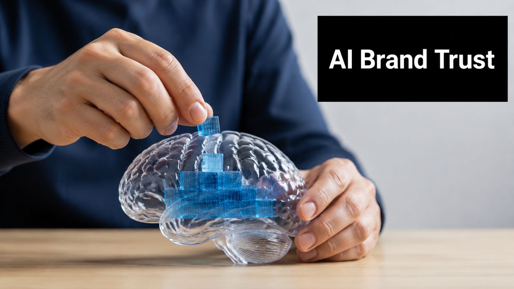 A person placing a blue digital cube onto a translucent model of a human brain.