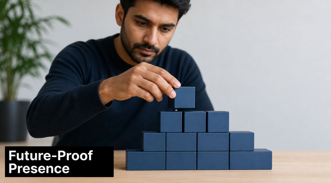 A man in a dark blue sweater building a structure with blue blocks on a wooden table.
