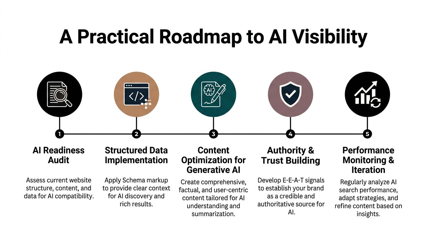 A five-step roadmap infographic outlining the process for optimizing a website for generative AI visibility.