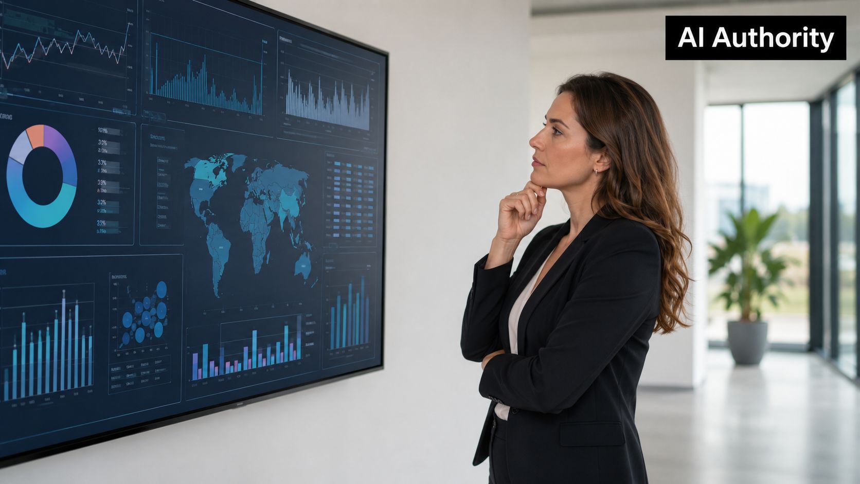 A businesswoman in a black blazer examines complex data visualizations displayed on a large wall-mounted monitor.