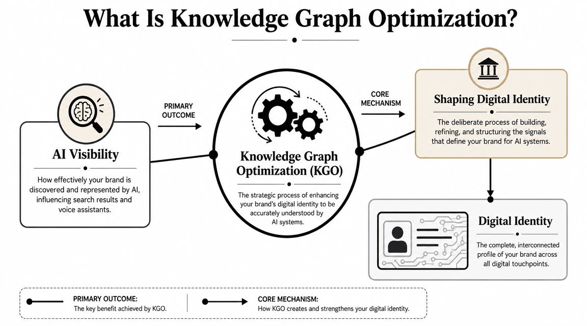 An educational infographic explaining the process and benefits of Knowledge Graph Optimization for AI digital brand identity.