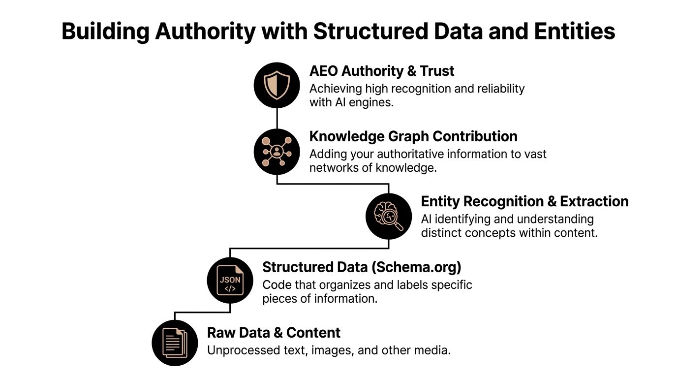 A diagram illustrating the hierarchical process of building authority through structured data and entity recognition for AI.