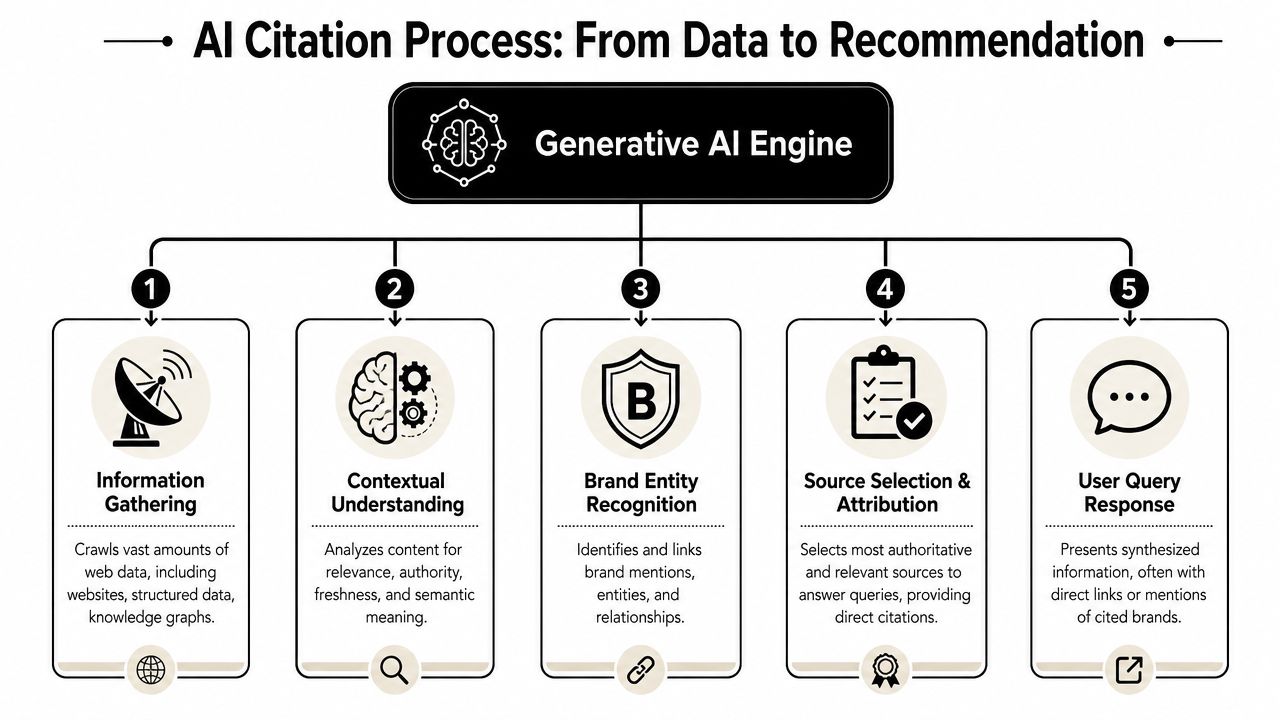 A flowchart showing the five steps of the generative AI citation process from data to recommendation.