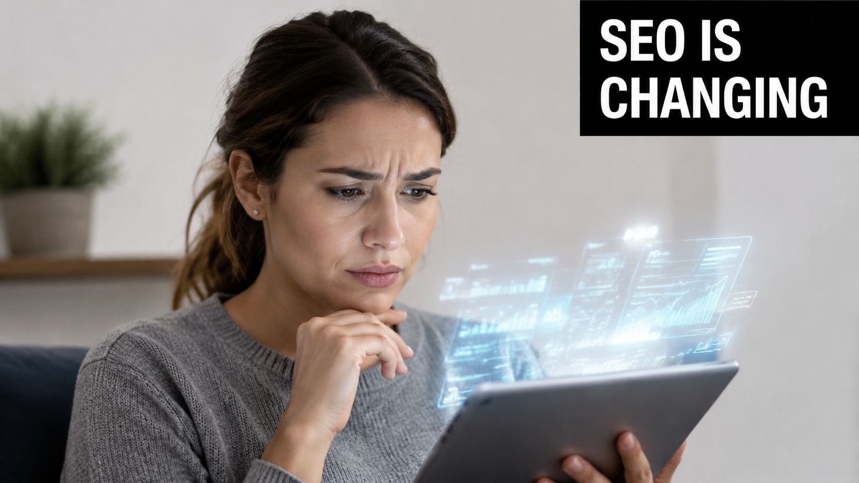 A concerned woman analyzing complex digital data projections on a tablet for SEO strategy development.