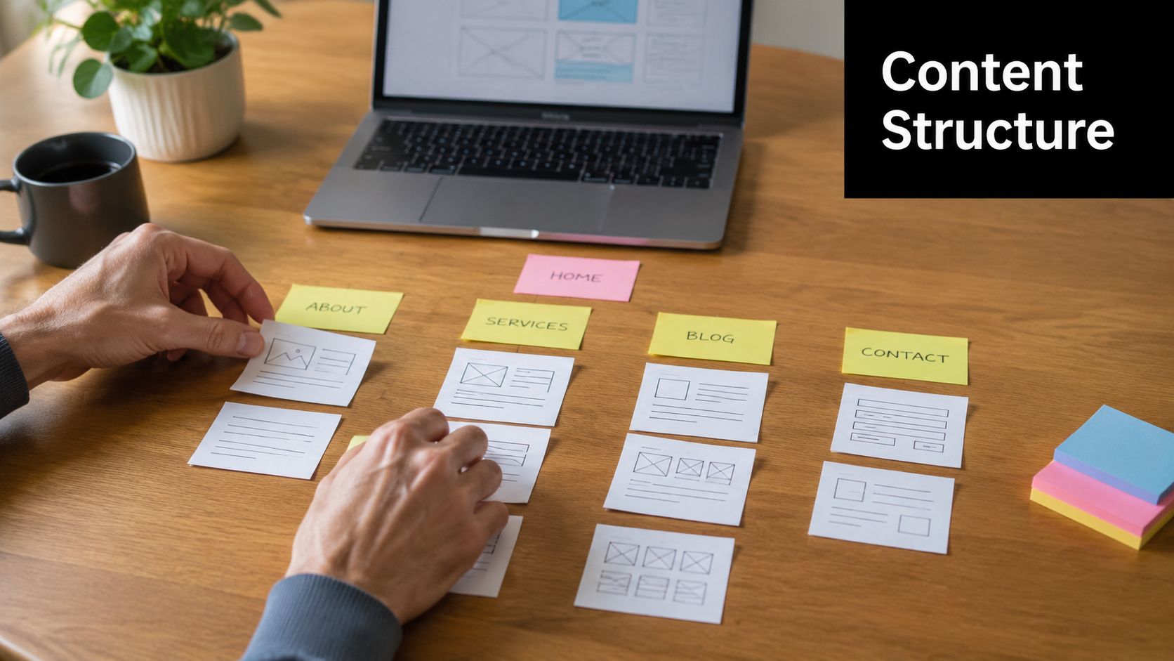 A person arranging sticky notes in a sitemap structure on a wooden table near a laptop computer.