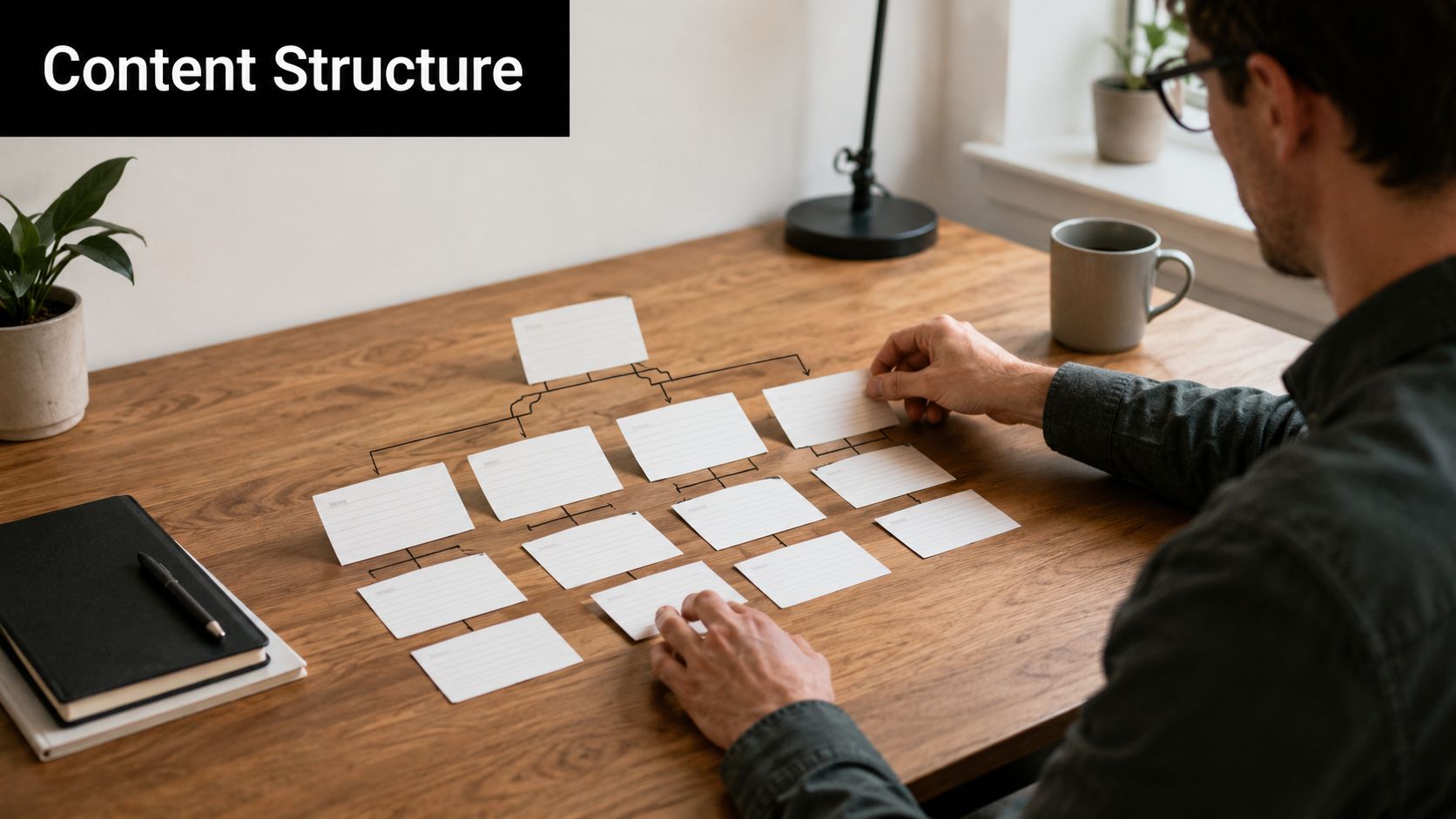 A person organizing blank index cards on a wooden desk to create a hierarchical content structure diagram.