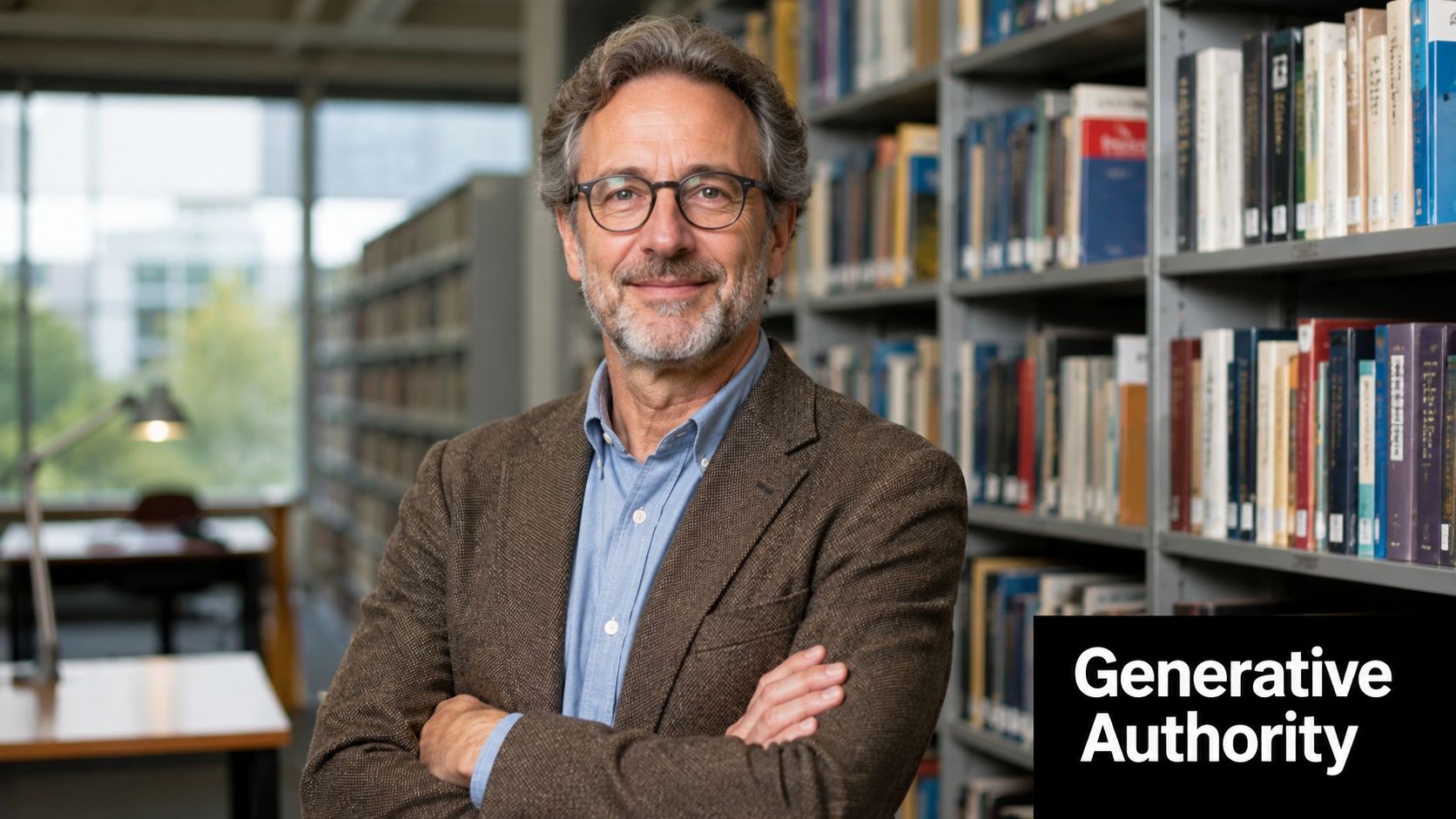A middle-aged male professor wearing glasses and a blazer standing in a library with bookshelves.