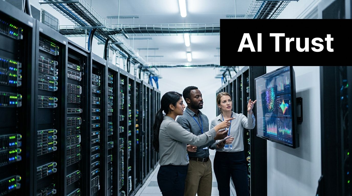 A professional team of three data analysts examining AI data visualizations on a screen in a server room.