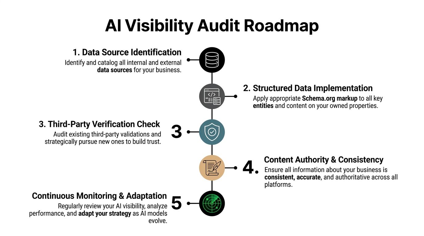 A five-step roadmap infographic for optimizing business visibility in AI models and search engines.