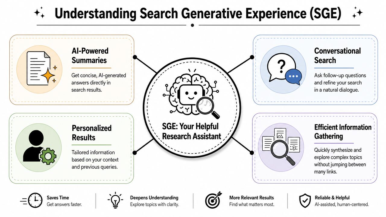 An infographic titled Understanding Search Generative Experience explaining AI-powered summaries, conversational search, personalized results, and efficient information gathering.