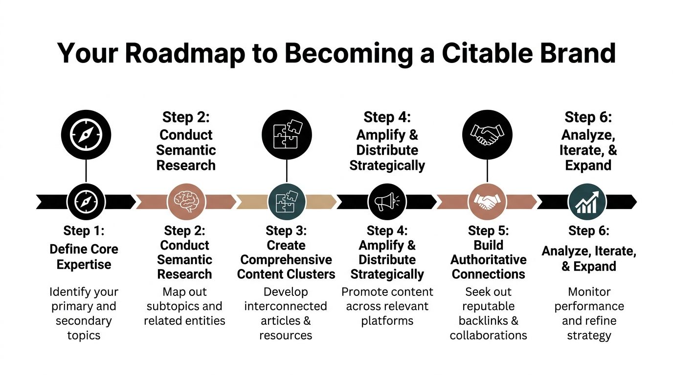 A six-step roadmap diagram illustrating the process for a brand to build topical authority and influence.