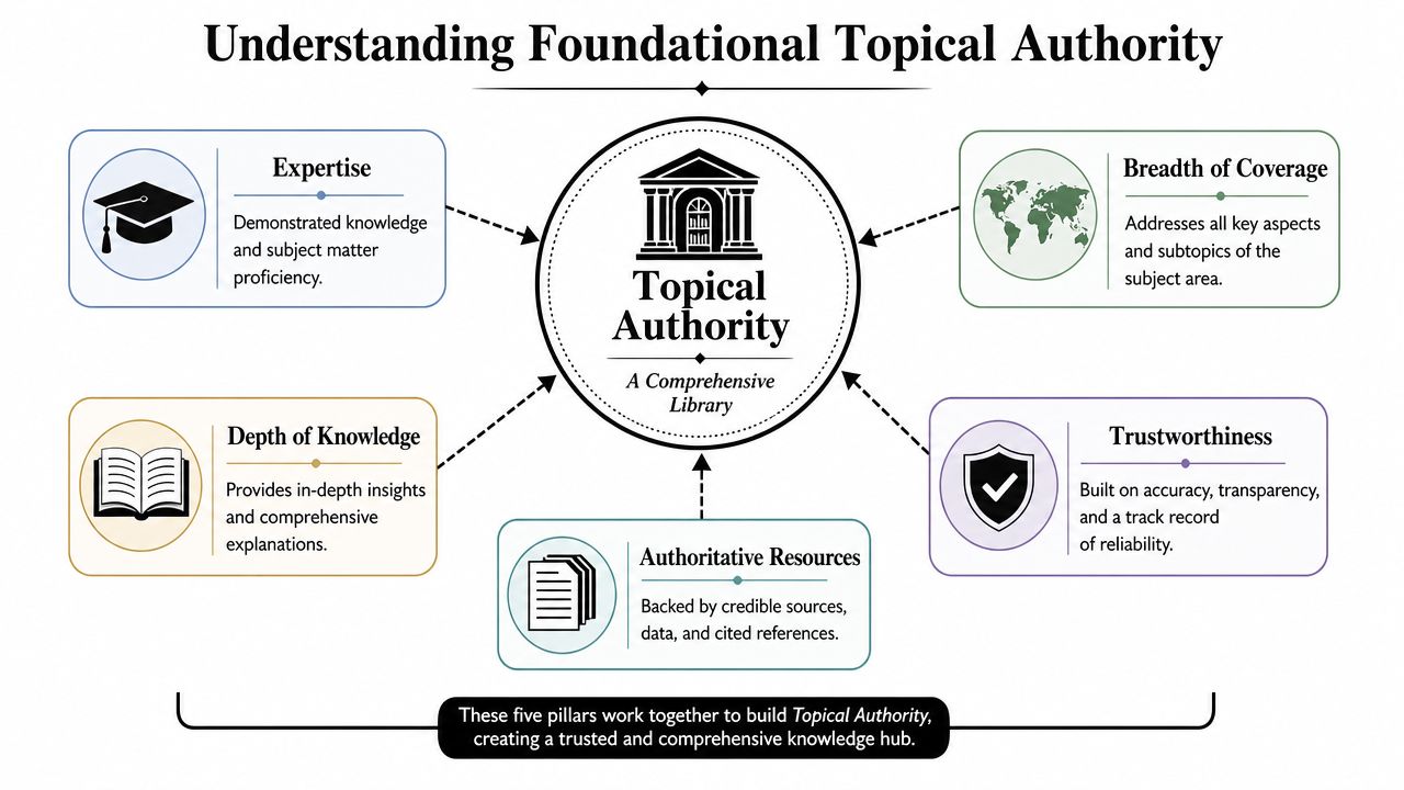 A diagram illustrating the five pillars of topical authority: expertise, depth, breadth, trustworthiness, and authoritative resources.