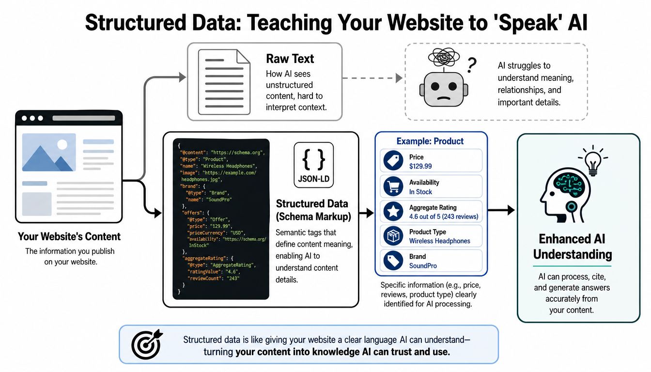 A diagram illustrating how structured data schema markup improves AI understanding of website content and SEO.