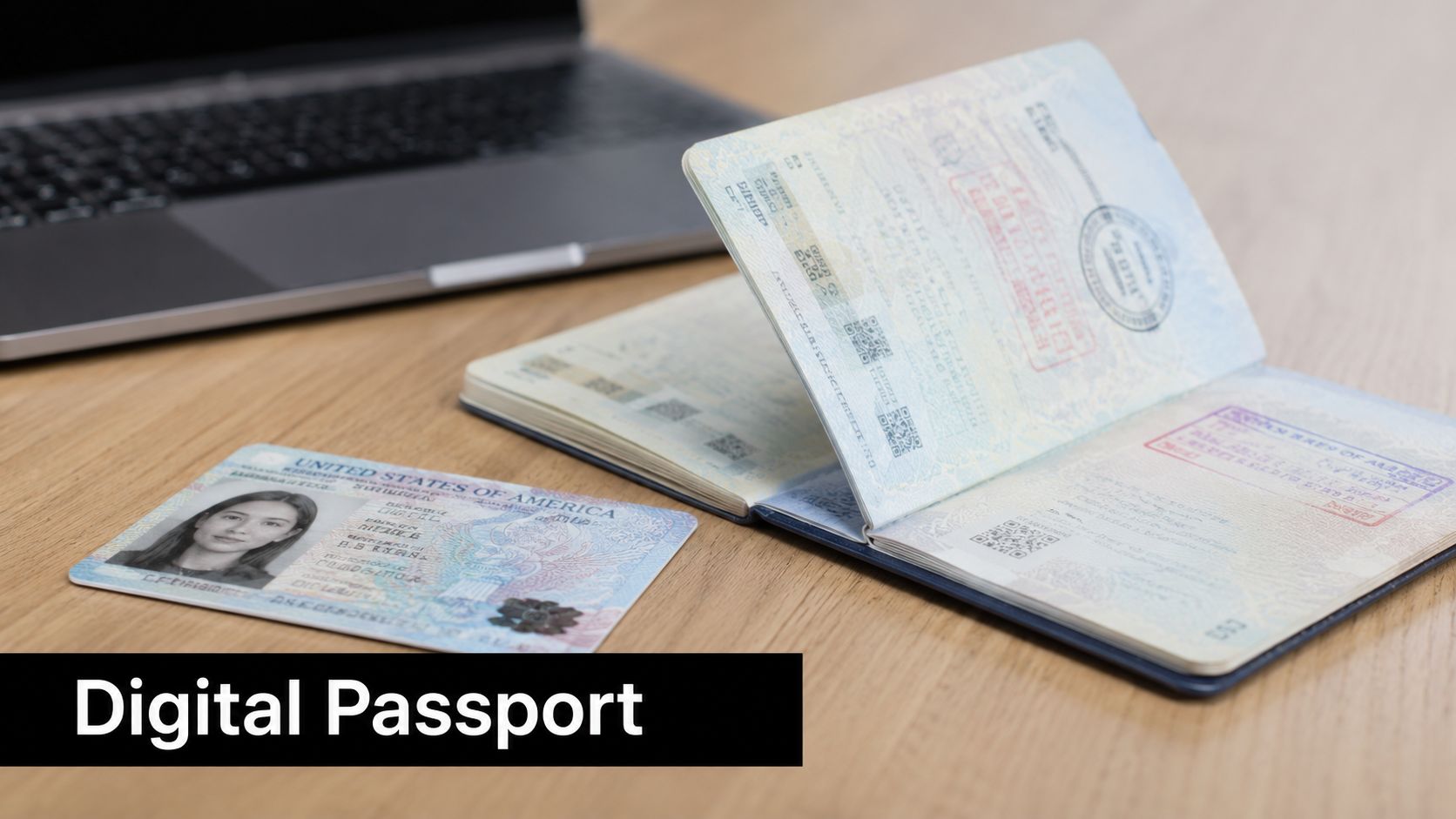 A digital US passport and physical passport represent a brand's unique digital ID for entity disambiguation.