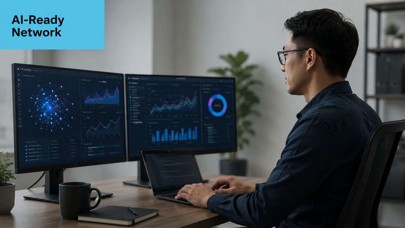 A professional working on data analytics and network monitoring at a modern desk with multiple monitors.