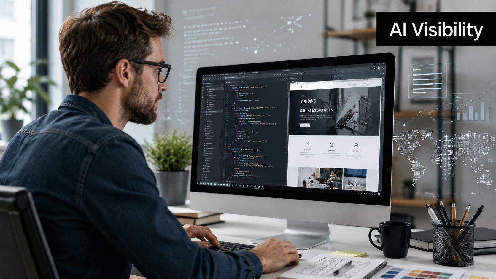 A male software developer coding on a desktop computer with AI-themed digital data visualization graphics nearby.